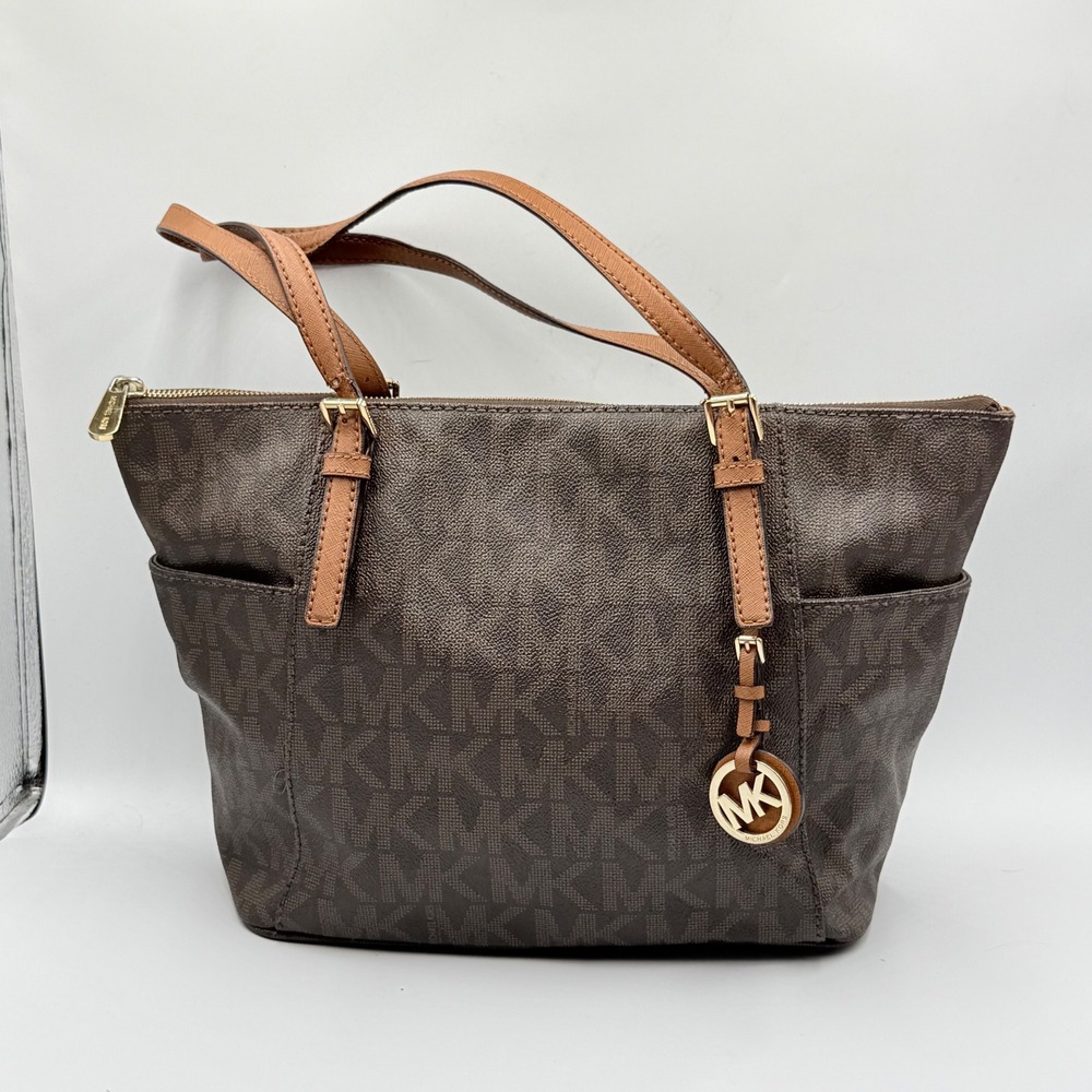 Michael Kors Jet Set Tote Bag Medium Brown Monogram Signature Chic Professional